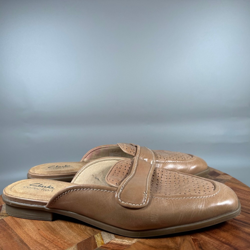 Clarks Collection Womens Tan Leather Perforated Mule Loafers 9.5 W 261727865070